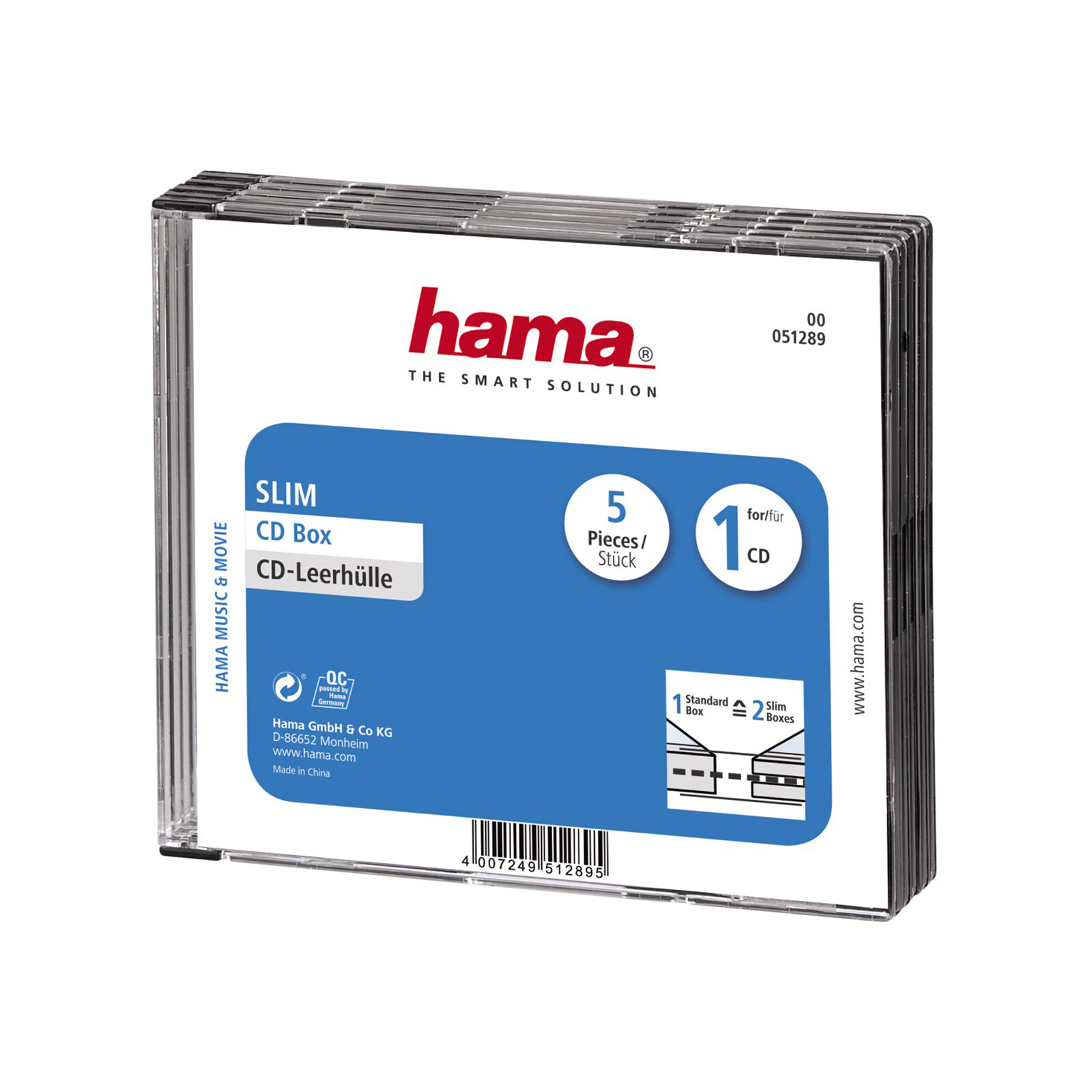 Hama 51289 CD-Leerh&uuml;lle Slim, 5er-Pack, Transparent/Schwarz