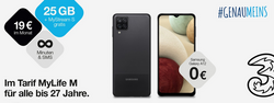 schwarzes Samsung Galaxy A12 von vorne und hinten mit Infos zu Handytarif MyLife M von Drei
