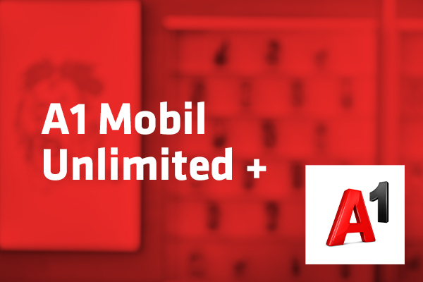 Tarif Mobil Unlimited+ und A1-Logo vor unscharfem roten Hintergrund mit Handyabteilung in Hartlauer Geschäft
