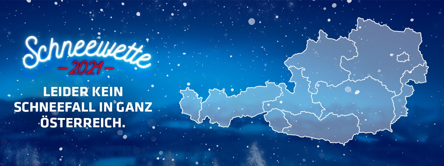 Österreich-Karte auf blauem Hintergrund mit Schneeflocken und textlicher Hinweis zur Schneewette 2021