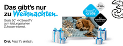 Fernseher mit schlafendem Hund am Display, Drei-Logo und textlicher Hinweis zur Gratis-Aktion