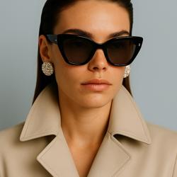 Eine Frau in einem braunen Mantel trägt eine schwarze Sonnenbrille.