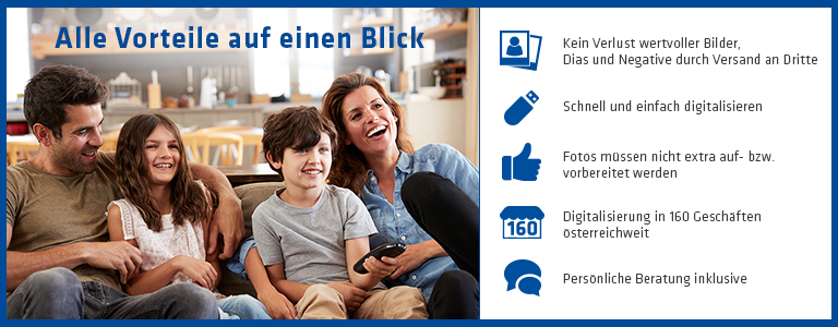 Vierköpfige Familie, Überblick über die Vorteile des Hartlauer Digitalisierungsservices