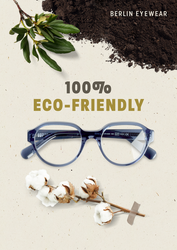 Blaue Acetat Brille von Berlin Eyewear neben Pflanzenblatt Baumwolle und Erde
