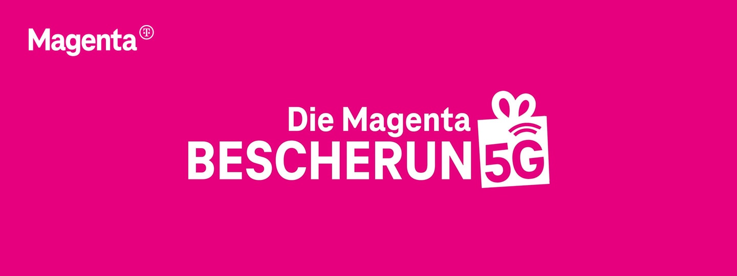 Text “Die Magenta Bescherung” und Magenta Logo auf pinkem Hintergrund
