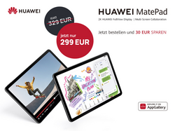 "zwei Huawei MatePads, Huawei-Logo und textliche Info zur Spar-Aktion"