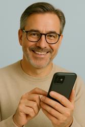 Ein Mann trägt eine Lesebrille und hält ein Smartphone in seinen Händen.