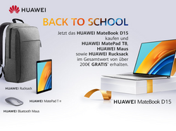 "Huawei Rucksack, MatePad und Computermaus, die es jetzt beim Kauf eines Matebook 15 gratis dazu gibt"