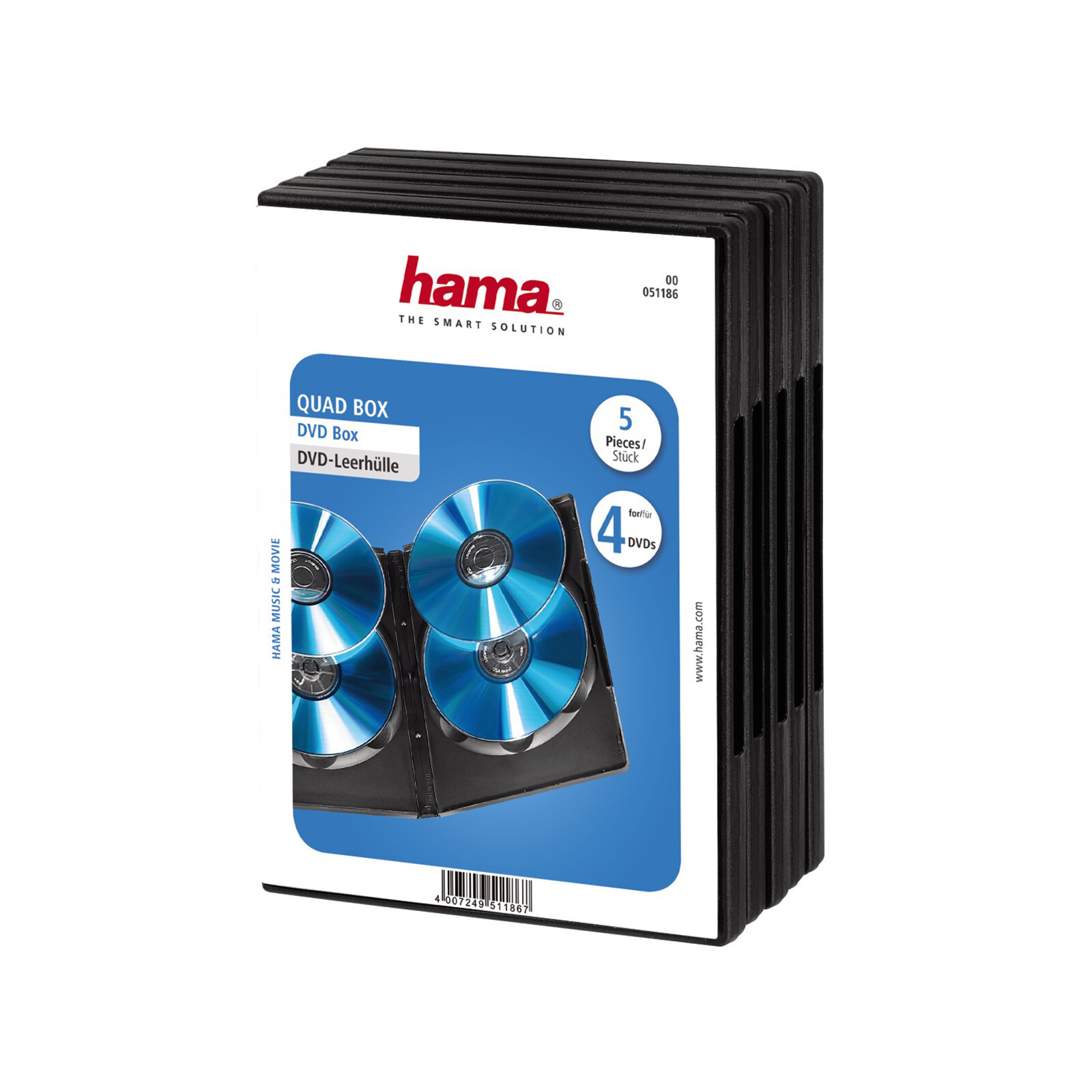 Hama 51186 DVD-Leerhülle Quad Box, 5er-Pack, Schwarz
