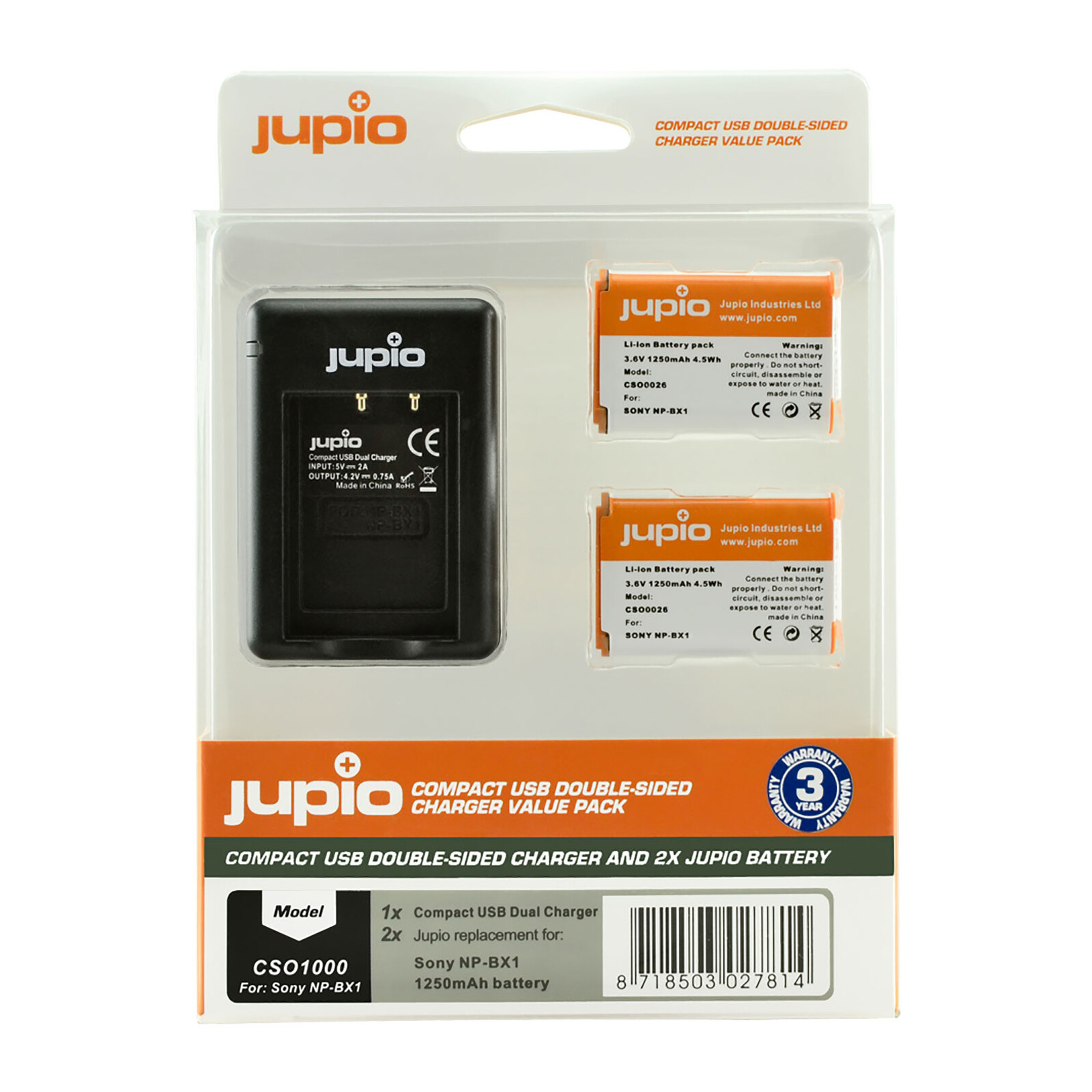 Jupio Compact USB Double-Sided Charger + 2x Sony NP-BX1