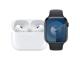Aufgeklappte Apple AirPods 2. Generation in Weiß und Apple Watch in Mitternacht vor weißem Hintergrund