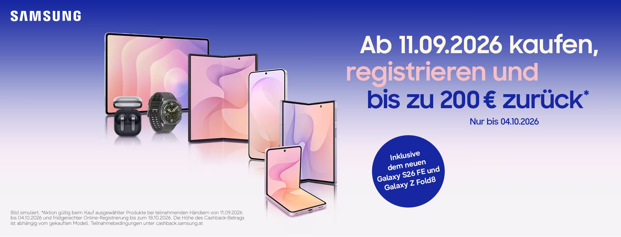 Samsung Smartphones und Watches auf wei&szlig;-blauem Hintergrund