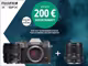 Petrol weiße Grafik von Fujifilm mit folgendem Text: "Jetzt bis zu 200€ Sofortrabatt beim Kauf teilnahmeberechtigter Fujifilm Kameras, Kits und Objektive. 01.02.2025 bis 31.03.2025." Auf der Grafik sind eine Kamera und ein Objektiv von Fujifilm abgebildet.