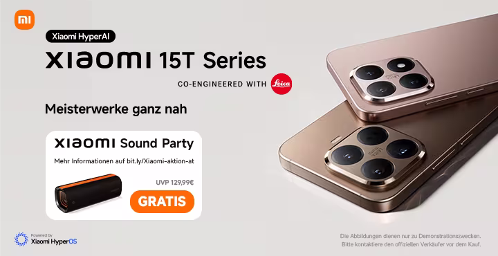 Die Rückseiten des neue Xiaomi 15T Pro und Xiaomi 15T sind zu sehen. Daneben steht folgender Text: "Xiaomi 15T Series. Meisterwerke ganz nah. Gratis Xiaomi Sound Party."