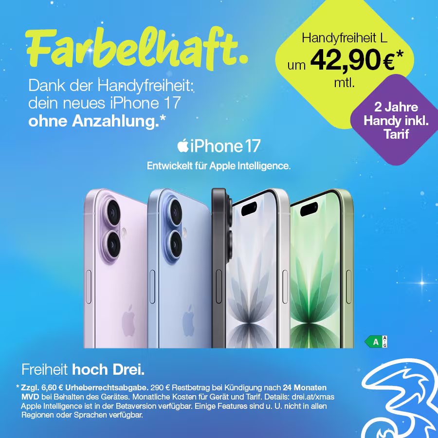 Aktionsgrafik von Drei mit folgendem Text: "Farbelhaft. Dein neues iPhone 17: mit unserer Handyfreiheit ohne Anzahlung. Handyfreiheit L um 42,90€ monatlich. 2 Jahre Handy inklusive Tarif. iPhone 17."