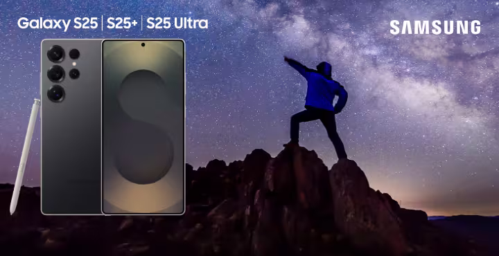 Grafik von Samsung mit folgendem Text: "S25, S25+, S25 Ultra." Auf der Grafik ist das Samsung Galaxy S25 Ultra zu sehen sowie im Hintergrund eine Person auf einem Berggipfel und ein Himmel voller Sterne.