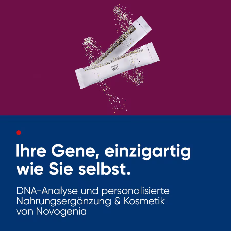 IP Header, Text "Ihr DNA-Code. Ihr Wohlbefinden. Personalisierte Nahrungsergänzungsmittel & Kosmetik von Novogenia", zwei Nahrungsergänzungsmittel-Packungen umgeben von einem Swirl aus Kügelchen