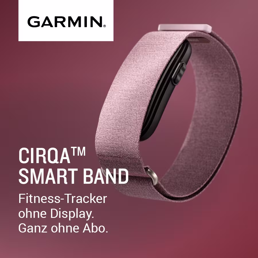 Der CIRQA Fitnesstracker von Garmin befindet sich vor rotem Hintergrund. Daneben steht folgender Text: "CIRQA Smart Band. Fitness-Tracker ohne Display. Ganz ohne Abo."