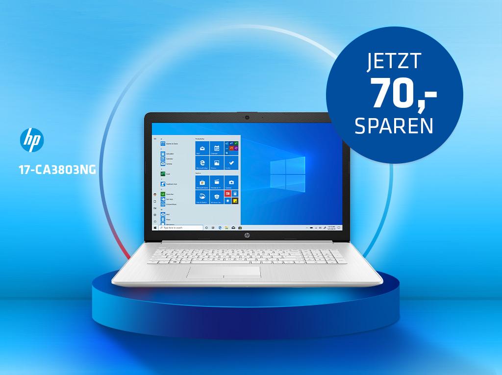 "HP 17-CA3803NG Laptop auf blauem Podest mit Aktionsinfo 70 € sparen"