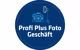 Kamera und Stativ Icons auf blauem Hintergrund und Text “Profi Plus Foto Geschäft”
