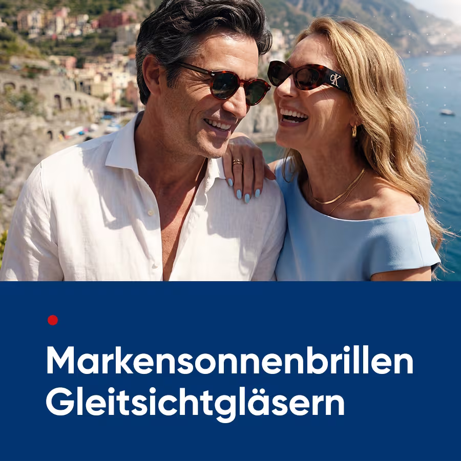 Markensonnenbrillen mit Gleitsichtgl&auml;sern. Gro&szlig;e Marken, kleiner Preis. Komplett f&uuml;r nur 269 Euro. Preise g&uuml;ltig bis 6dpt/2Cyl in lagernden Glasdurchmessern. Aufpreis Sonderst&auml;rke/Durchmesser 18&euro; pro Glas, Aufpreis Prismen 23&euro;. Bild: Frau und Mann mittleren Alters in diversen Szenen im Amalfi Sommerurlaub