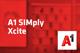 A1 SIMply Xcite Tarif und A1-Logo vor unscharfem roten Hintergrund mit Handyabteilung in Hartlauer Geschäft