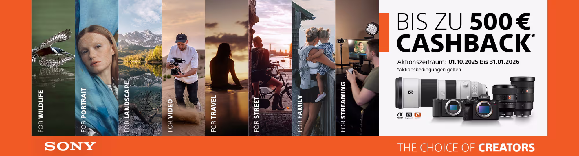 Mehrere Beispielbilder für die verschiedenen Situationen, in denen die Sony Produkte zum Einsatz kommen können wie zum Beispiel Portraits, Landschaften, Tierfotografie oder Videos. Daneben steht folgender Text: "Bis zu 500€ Cashback. Aktionszeitraum 01.10.2025 bis 31.01.2026."
