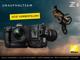 Nikon Z9 von vorne und schräg hinten mit Motocross-Fahrer vor staubigem Himmel mit Produktinfos