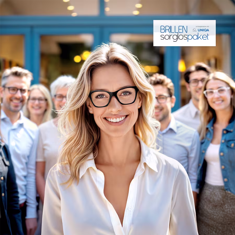 "Eine blonde Frau mit schwarzer Brille lächelt in die Kamera. Hinter ihr stehen mehrere Personen, die ebenfalls lächeln. Daneben steht folgender Text: \"Einfach mehr. Top Markenbrillen um 0€ mit dem Brillensorglospaket.\""