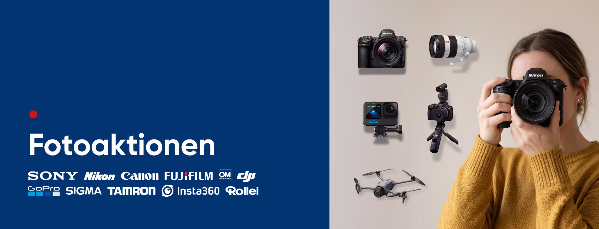 Fotoaktionen bei Hartlauer mit Kameras, Objektiven, Actioncams, Drohnen und Sofortbildkameras f&uuml;hrender Marken. Eine Person fotografiert mit einer Nikon Systemkamera.