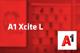  Tarif Xcite L und A1-Logo vor unscharfem roten Hintergrund mit Handyabteilung in Hartlauer Geschäft
