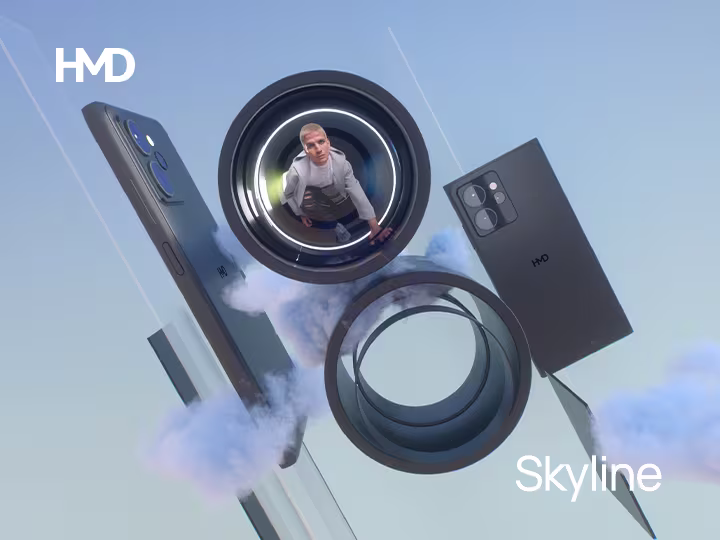 HMD Skyline Smartphones, überdimensional große Kameralinsen mit blondem Mann, blaue Wolken