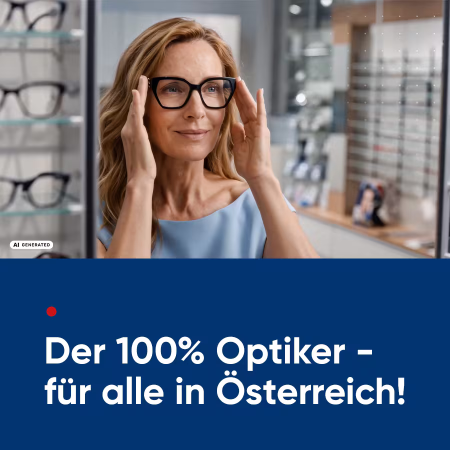 Werbemittel zur "Warum sind wir der 100% Optiker" von Hartlauer. Mitarbeiter in diversen Szenen: Mitarbeiterin betrachtet eine Brille, ber&auml;t eine Kundin, reicht einem Kollegen eine Brille zu Brillenservice, Auszubildende beim Schleifen eines Brillenglases, Kundin probiert eine Fsasung im Gesch&auml;ft an, Kundin sitzt beim Sehtest, Kundin reicht der Mitarbeiterin nach einem Beratungsgespr&auml;ch erfreut die Hand. Text:"Mein 100% Optiker." "Der 100% Optiker - f&uuml;r alle in &Ouml;sterreich." Grafiken & Videos KI generiert.