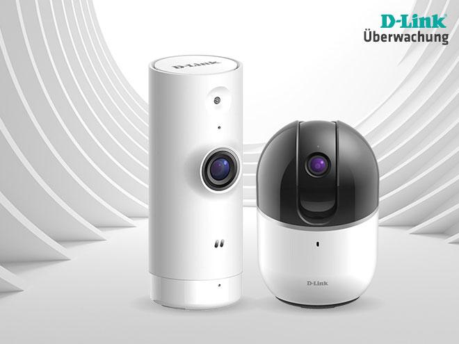 zwei futuristisch aussehende smarte Überwachungskameras auf weißem Hintergrund