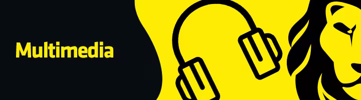 Schwarz gelbe Grafik f&uuml;r die Black Lion Week mit folgendem Text: "Multimedia." Auf der Grafik sind ein gezeichneter L&ouml;we zu sehen sowie ein Kopfh&ouml;rer-Icon.