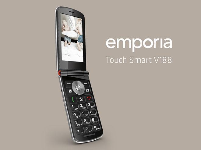 das aufklappbare Emporia Touch Smart V188 mit zwei spielenden Kindern am Display