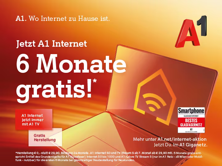 Grafik von A1 mit folgendem Text: "A1. Wo Internet zu Hause ist. Jetzt A1 Internet 6 Monate gratis! A1 Internet jetzt immer mit A1 TV. Gratis Herstellung."