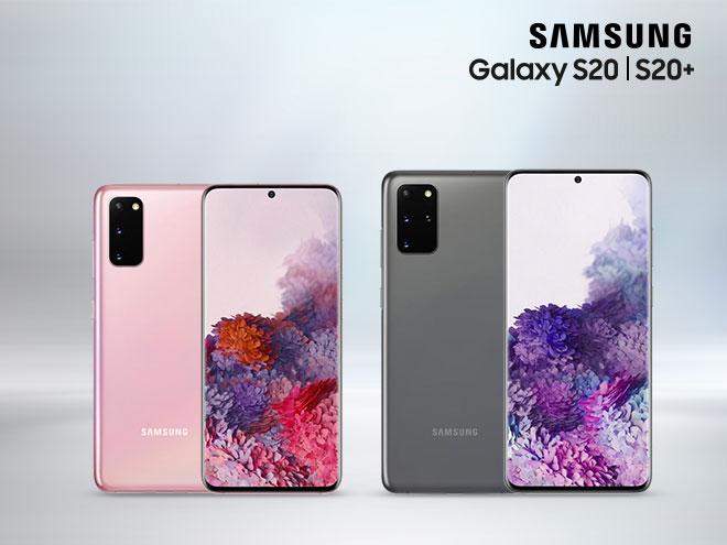 zwei Samsung Galaxy S20 in Vorder- und Rückansicht in Zartrosa und Grau