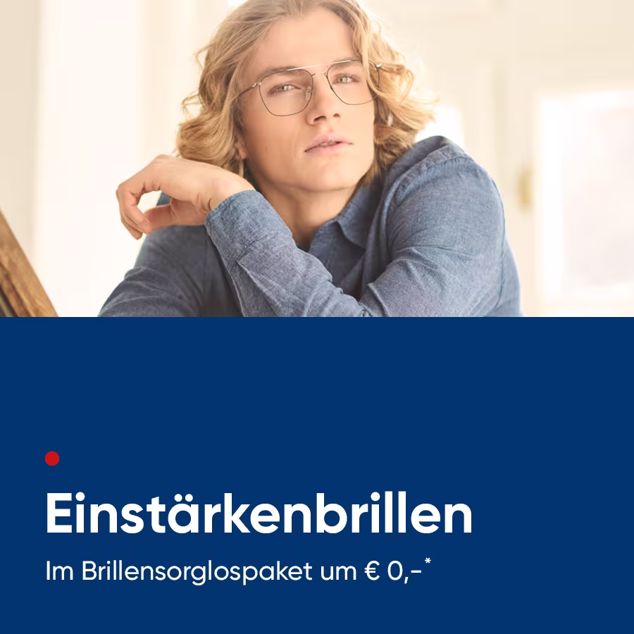 junger blonder Mann mit Brille von Hartlauer und Text "Einst&auml;rkenbrillen"