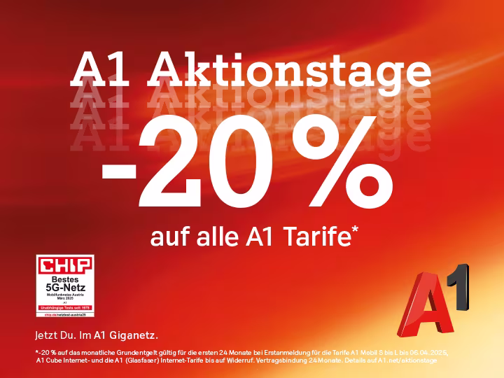 Grafik von A1 mit folgendem Text: "A1 Aktionstage. -20% auf alle A1 Tarife. Gültig bis 06.04."
