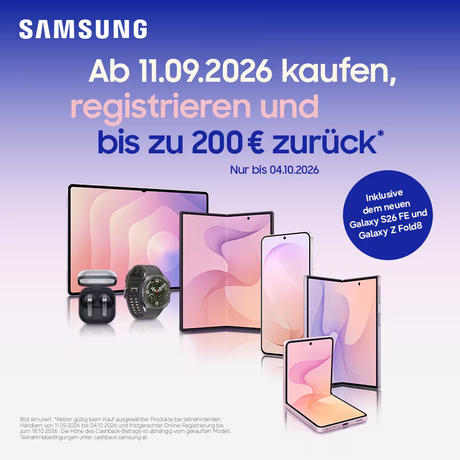 Samsung Smartphones und Watches auf wei&szlig;-blauem Hintergrund