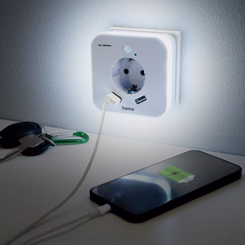 Hama LED-Nachtlicht mit Steckdose 2 USB-Ausgänge