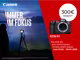 Grafik von Canon mit folgendem Text: "Immer im Fokus. EOS R5. Die EOS R5 zum Aktionspreis: Erhalte 300€ Rabatt vom 01.03. bis zum 30.04.2025." Auf der Grafik ist eine Canon EOS R5 auf rotem Hintergrund abgebildet. Links daneben ist eine Person zu sehen, welche mit einer Kamera auf einem Stativ in der Dämmerung vor einem See steht.