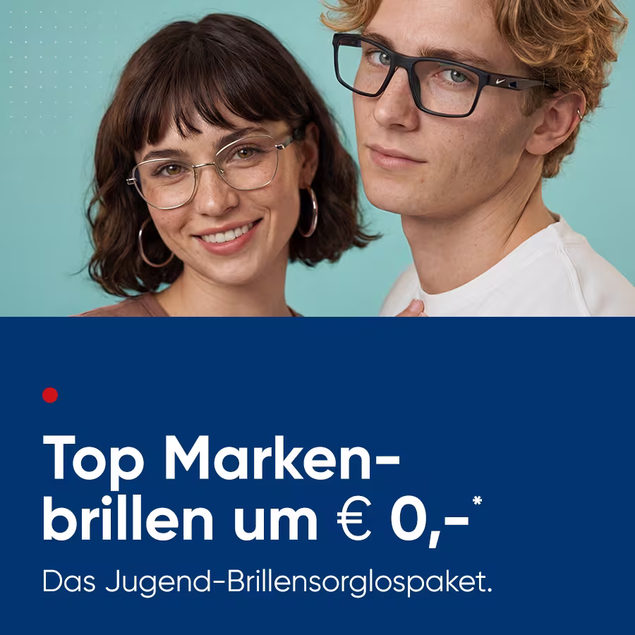 Zwei junge Erwachsene, beide mit Designerbrillen, posieren vor farbenfrohen Hintergr&uuml;nden in einer dynamischen und energiegeladenen Reihe von Clips. Pr&auml;sentation der Preisliste f&uuml;r das Brillensorglospaket Jugend.