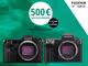 Grafik zur Bewerbung der Fujifilm Trade In Aktion mit folgendem Text: "500€ Wechselprämie beim Kauf einer Fujifilm GFX100 2 oder GFX100S 2. 01.10.2024 bis 31.03.2025." Zusätzlich sind zwei Fujifilm Kameras auf grünem Hintergrund abgebildet.