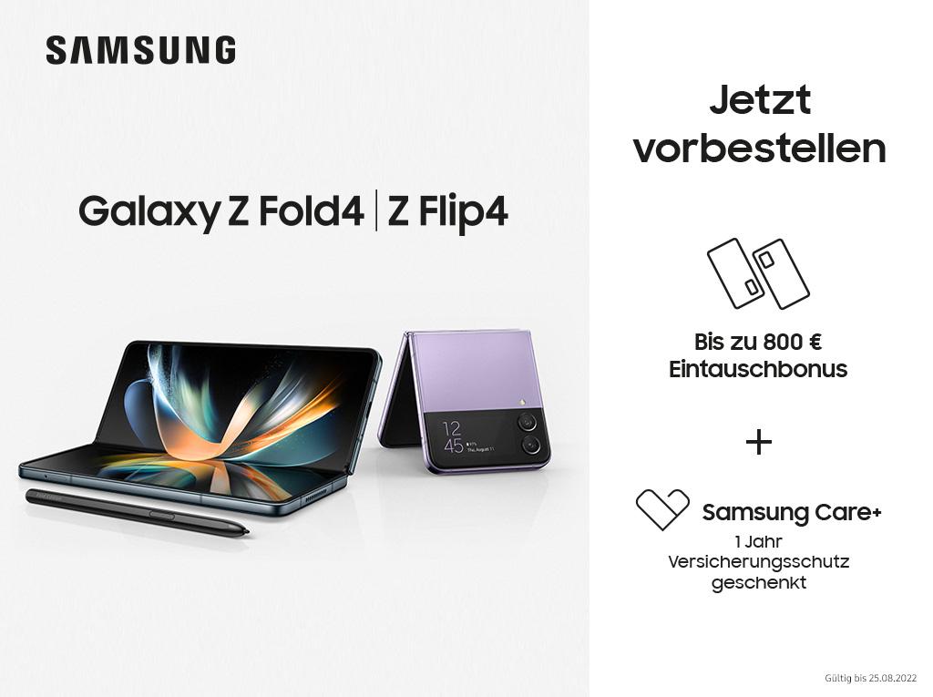 "Galaxy Z Fold4 und Z Flip4 Eintauschaktion mit bis zu 800€ Eintauschbonus und gratis Versicherungsschutz"