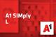 A1 SIMply L Tarif und A1-Logo vor unscharfem roten Hintergrund mit Handyabteilung in Hartlauer Geschäft
