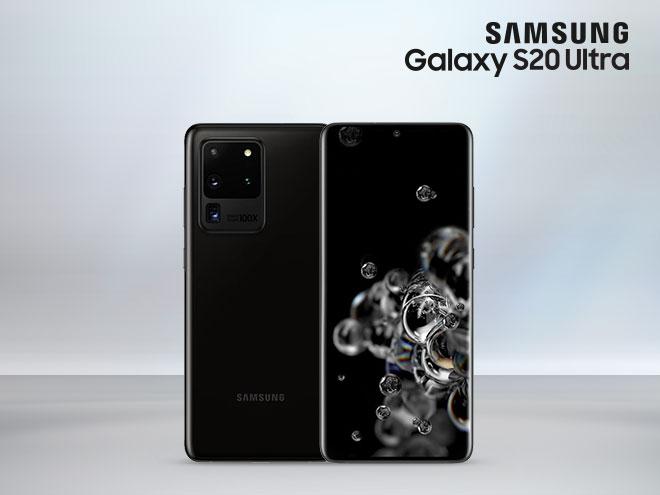 das Samsung Galaxy S20 Ultra in Schwarz in Vorder- und Rückansicht mit einem schwarzen Display mit Wassertropfen