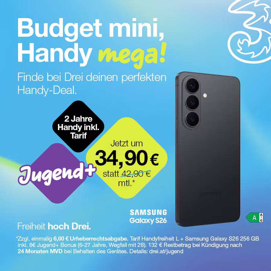 Drei Tarifgrafik mit folgenden Text: "Budget mini, Handy mega! Finde bei Drei deinen perfekten Handy-Deal. Freiheit hoch Drei."