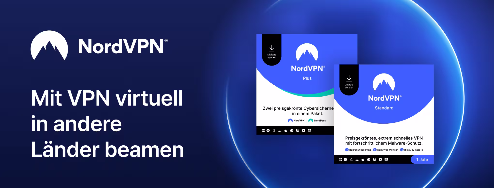 Blauer Hintergrund mit folgendem Text: "NordVPN. Mit VPN virtuell in andere L&auml;nder beamen,"